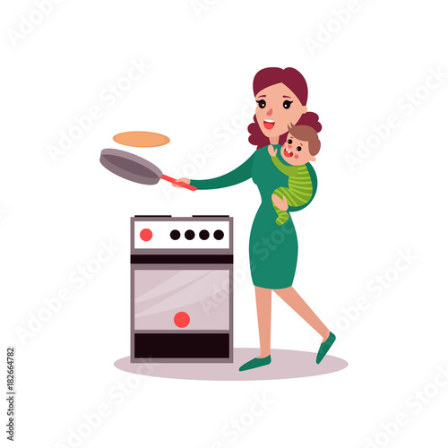 Mother baking pancakes with baby in her arms, super mom concept vector Illustration