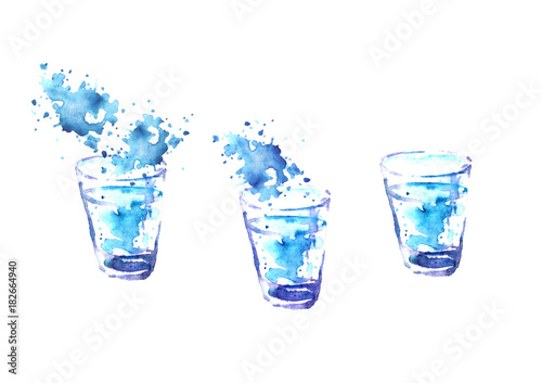 Watercolor drawing, illustration. A glass of vodka, a cocktail, an alcoholic drink, a splash. On white isolated background.
