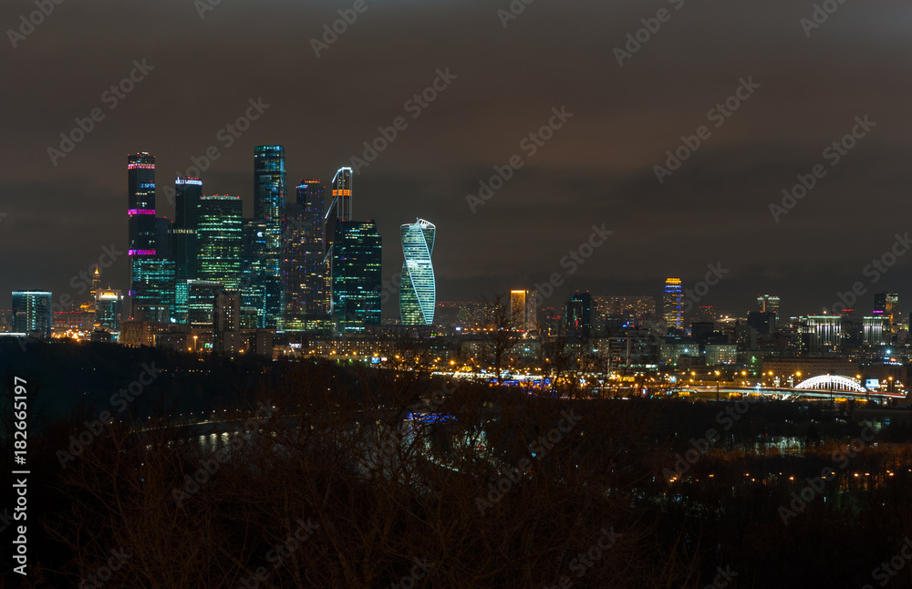 November 4, 2017 Moscow, Russia. View of the business center of Moscow City from the Sparrow Hills at night.