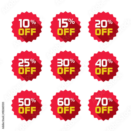 Sale tags set vector badges template, 10 off, 15, 20, 25, 30, 40, 50, 60, 70 percent sale label symbols, discount promotion flat icon with long shadow, clearance sale sticker emblem red rosette