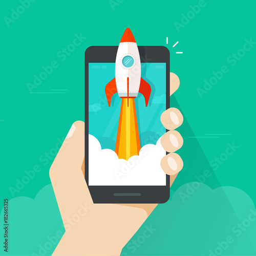 Startup vector concept, flat cartoon style quick rocket launch and mobile phone or smartphone in hand, idea of successful business project start up, boost technology, innovation strategy