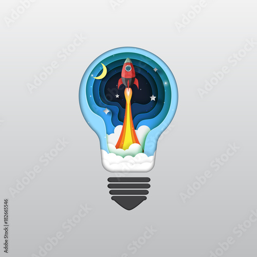 Rocket ship icon from light bulb paper art style design.Business startup concept.Vector illustration.