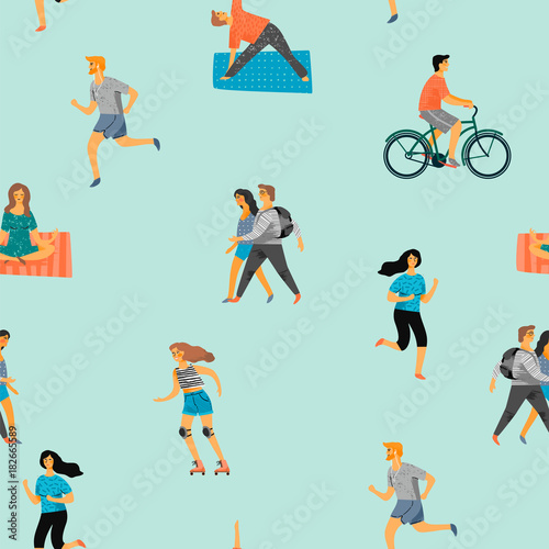 Vector seamless pattern with active young people.