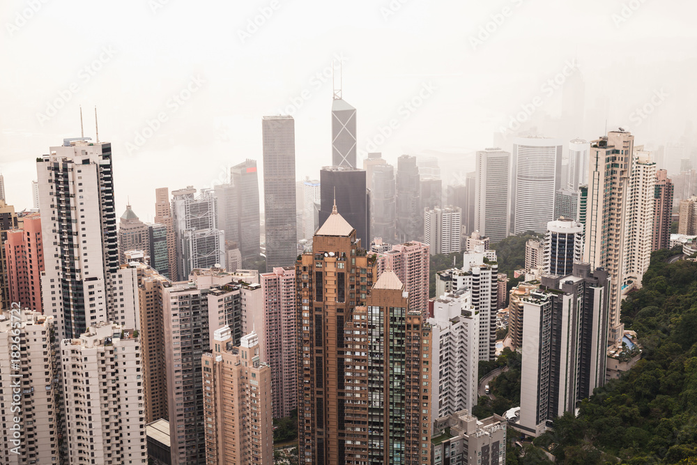 Hong Kong in foggy day, view from Victoria Peak