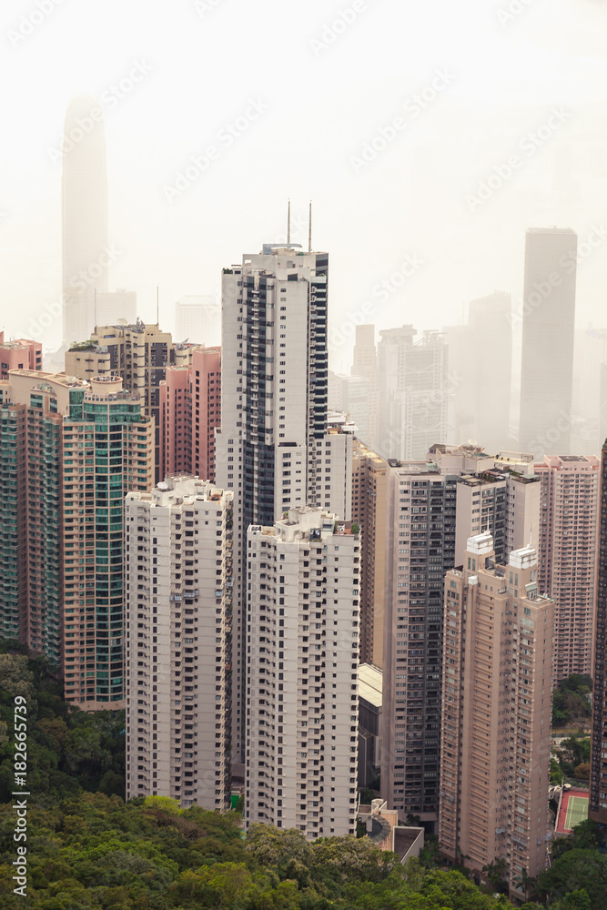 Modern skyline of Hong Kong city in foggy day