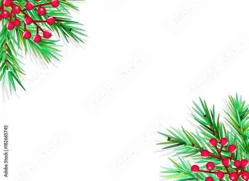 FIR BRANCH FRAME IN EDGE ON WHITE BACKGROUND. CHRSITMAS DECORATIVE ELEMENTS