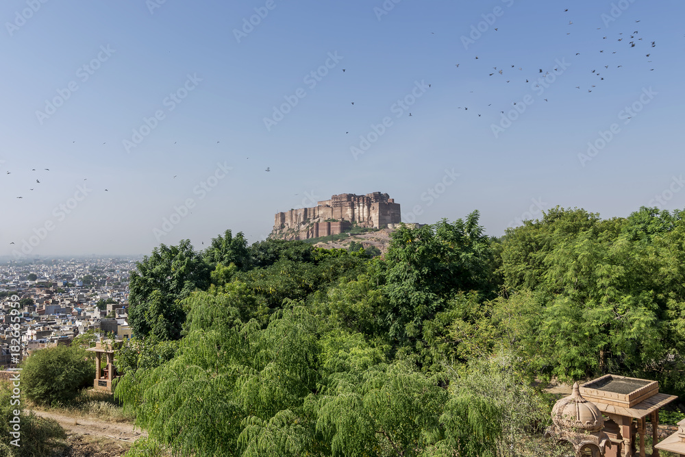 Aerial view of the Mehrangarh Fort of Jodhpur from Jaswant Thada cenotaph, Rajasthan, India