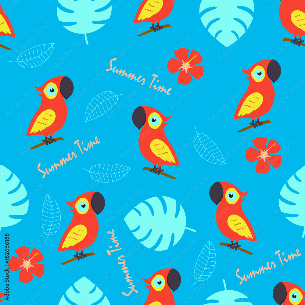 pattern with cute parrot and tropical leaves pattern with cute parrot and tropical leaves