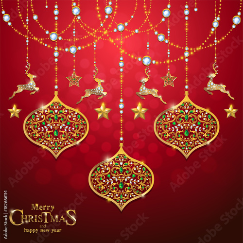 Christmas Greeting and New Years card templates with gold patterned and crystals on background color.