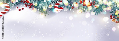 Christmas border or frame with fir branches, berries and candy isolated on snowy background. Vector illustration
