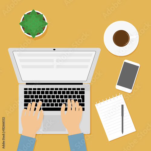 Workplace person working at computer. Vector illustration, concept of sedentary lifestyle, office.  Notebook, notepad, cup of coffee, cactus, mobile phone on the table. Top view, flat design style.