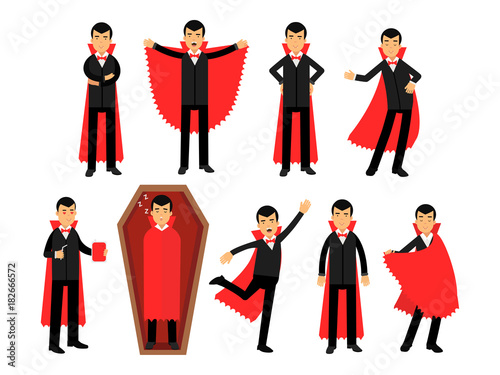 Vampire characters posing in different situations set, Count Dracula wearing black suit and red cape vector Illustrations