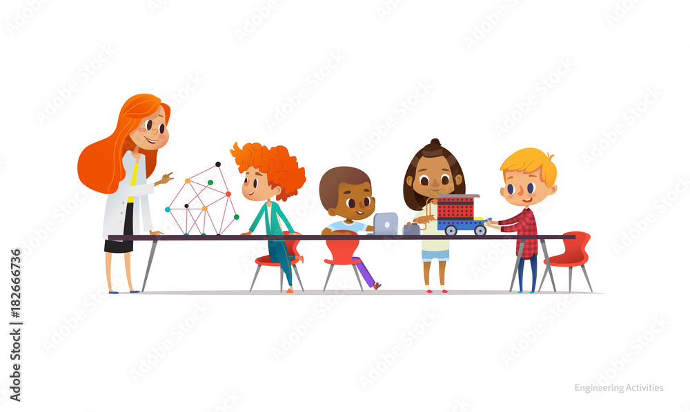 Redhead female teacher and school children standing and sitting around table, building and programming robotic car during engineering lesson. Vector illustration for banner, poster, advertisement. Redhead female teacher and school children standing and sitting around table, building and programming robotic car during engineering lesson. Vector illustration for banner, poster, advertisement.