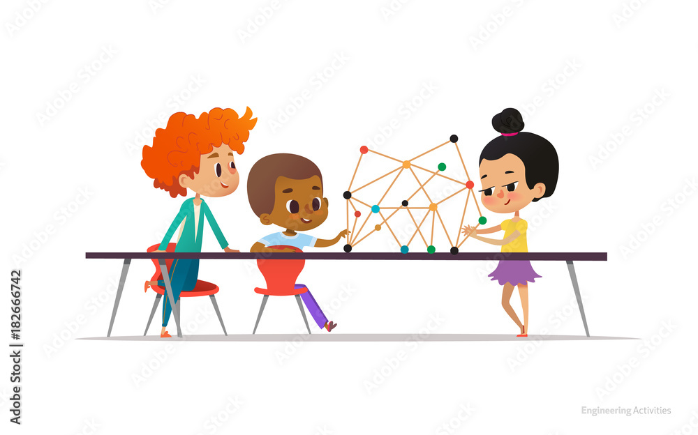Multiracial boys and girl standing and sitting around table with structural model of molecule on it. Concept of engineering for school children. Vector illustration for banner, poster.