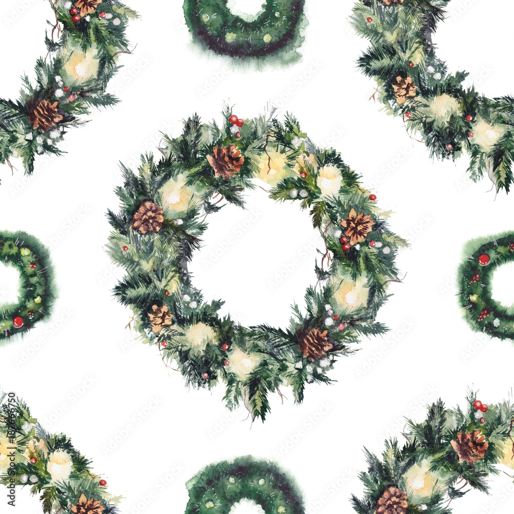Seamless Christmas pattern with green fir-tree wreaths. Original hand drawn watercolor painting.
Seamless Christmas pattern with green fir-tree wreaths. Original hand drawn watercolor painting.