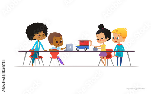 School kids constructing and programming electronic robotic car. Multiracial children sitting at desk and building electronic toy during engineering lesson. Vector illustration for banner, poster.