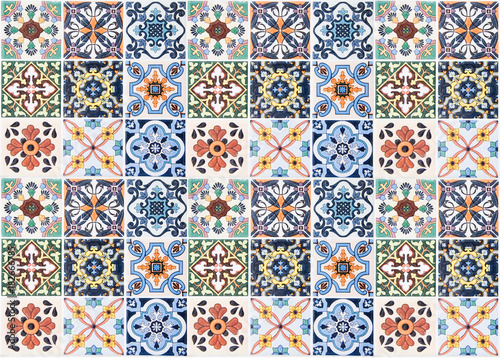 Colorful vintage ceramic tiles wall decoration.Turkish ceramic tiles wall background
