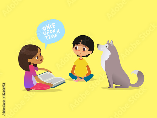 Cute little girl sits on floor and tells fairytale to her friend and pet dog. Kids reading fairy tales book. Concept of educational activity for children. Cartoon vector illustration for poster.