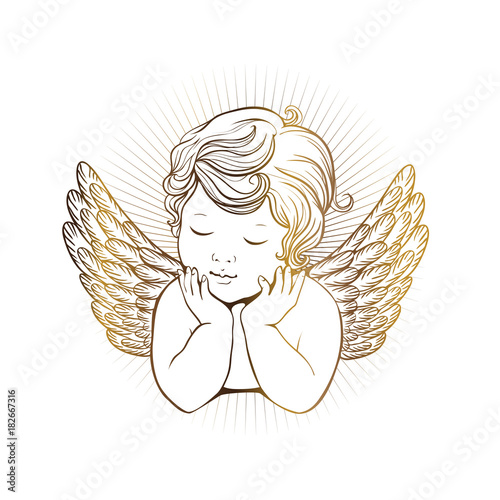 Stampa su tela cute little angel with closed eyes with wings