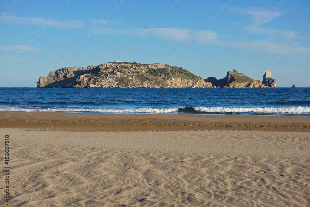Spain Mediterranean sea the Medes islands marine reserve seen from a sandy beach, Estartit, Costa Brava, Catalonia