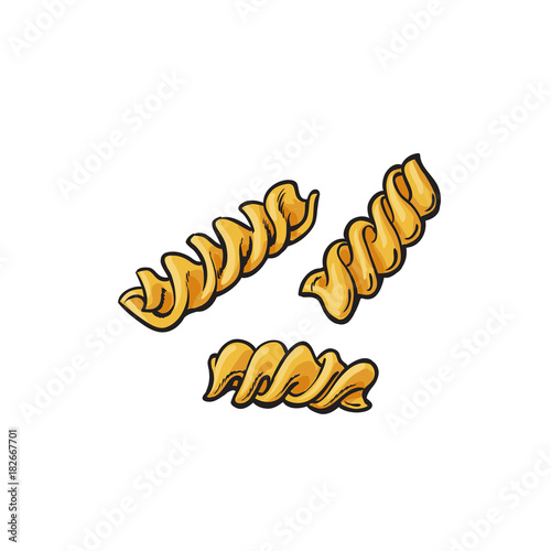 Raw, uncooked scroodle, rotini, fusilli, corkscrew shaped Italian pasta, sketch style vector illustration on white background. Realistic hand drawing of rotini, fusilli, corkscrew shaped Italian pasta
