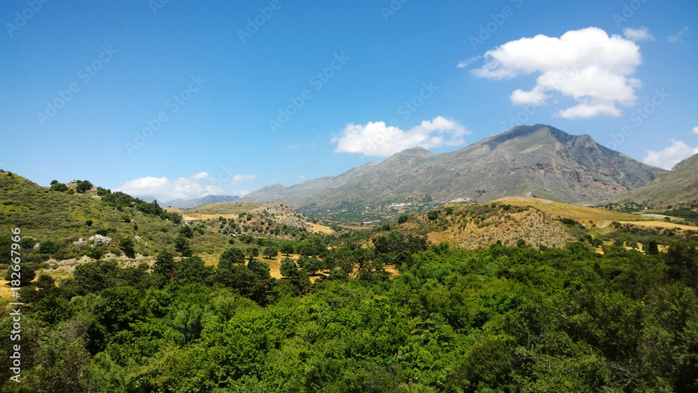 Panoramic view of the nature of the island of Crete in the spring