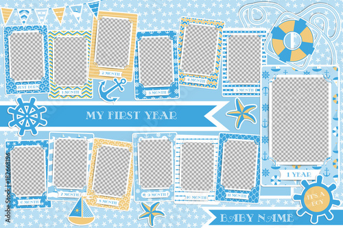 Frames for the baby. My first year of life. Twelve months of child development. Memory book for photos