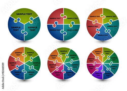 Set of circular infographic templates same style with 3, 4, 5, 6, 7, 8 steps. Bright colors and puzzle elements. For presentation and design concept. Vector illustration.