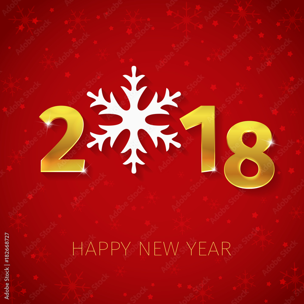 2018 Happy New Year golden 3D text with silver snowflake on the red winter background with snowflake silhouettes and stars. Greeting card, banner, invitation template. Clean, minimal design. Vector.