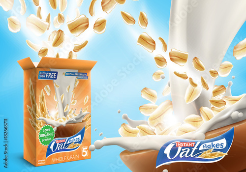 Oat flakes advertising poster with open oatmeal box and big splash of pouring milk vector realistic ads illustration