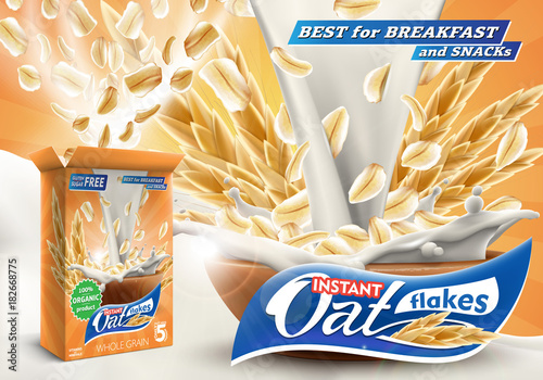 Oat flakes advertising poster with open oatmeal box and big splash of pouring milk vector realistic illustration