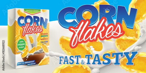 Corn flakes advertising poster with box and big splash of pouring milk vector realistic illustration
