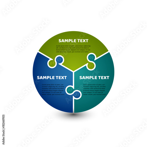 Circular infographic template with 3 steps. Bright colors and puzzle elements. For presentation and design concept. Vector illustration.