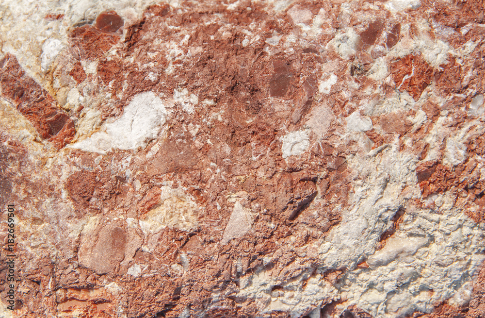 Texture close form red rock found at shore at summer day