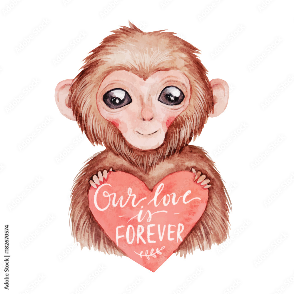Obraz premium Cute watercolor monkey with heart. Hand drawn vector illustration. Handwritten lettering
