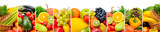 Panoramic collection fruits and vegetables isolated on white background. Wide photo with free space for text.