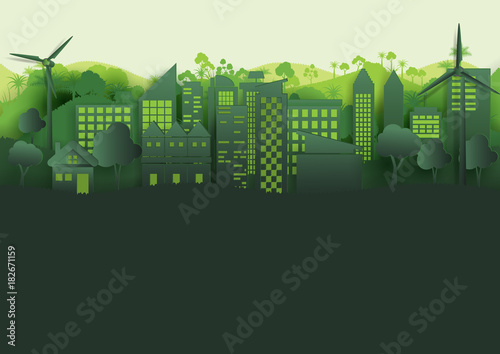 Green city landscape and forest abstract background.Nature and environment conservation concept paper art style design.Vector illustration.