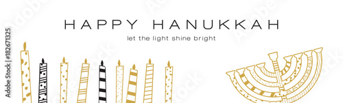 Hanukkah greeting banner , Jewish holiday symbols. golden hanukkah menora and candles photo