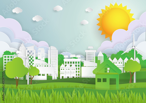 Fototapeta Naklejka Na Ścianę i Meble -  Eco green city and nature landscape.Save the world and environment conservation concept.Green energy paper art style.Vector illustration.