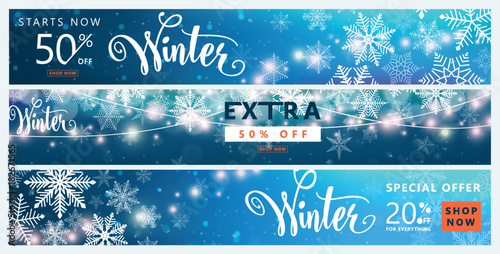 Winter banner set. Color sale background design with christmas snow, snowflake