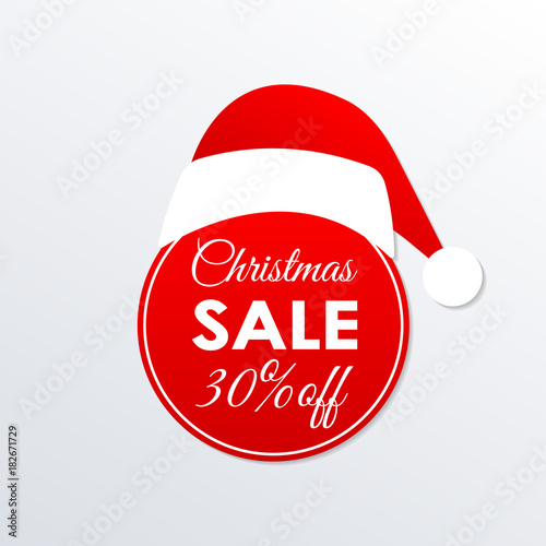 Christmas sale icon. 30% price off badge. Xmas and holiday discount design element with Santa Claus hat. Shopping decoration sticker or tag. Vector illustration.