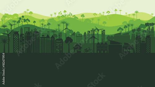 Green silhouette eco city landscape and forest abstract background.Nature and environment conservation concept flat design.Vector illustration.