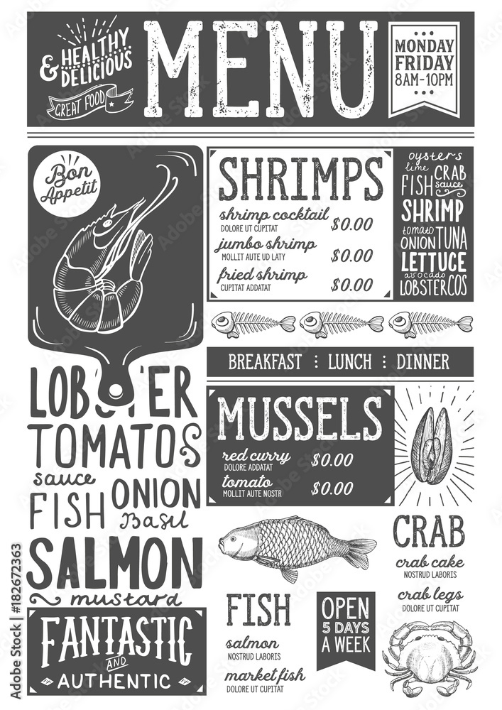 Seafood menu restaurant, food template.