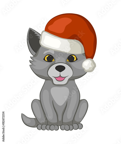 Cute cub wolf in a red Santa Claus hat isolated on white background. The cartoon style. Vector illustration.