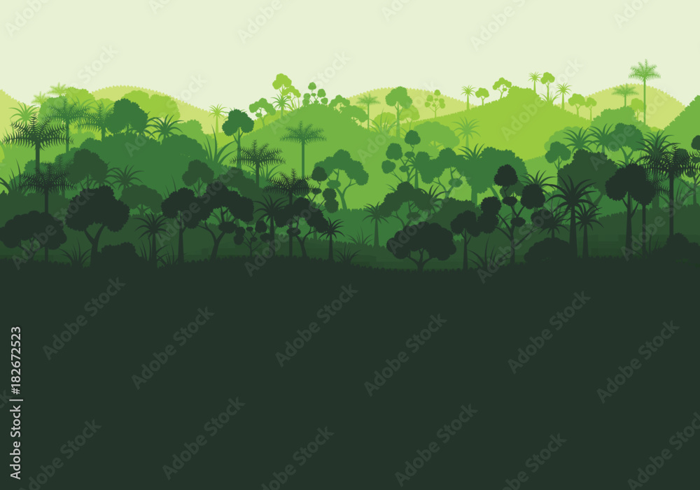 Obraz premium Green silhouette forest abstract background.Nature and environment conservation concept flat design.Vector illustration.
