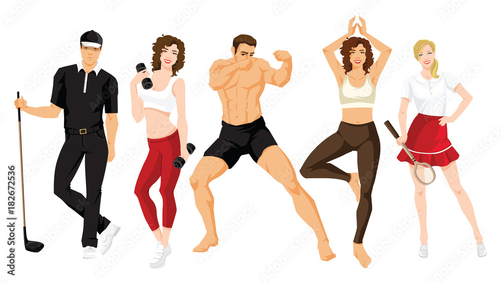 Fototapeta premium illustration of young man and woman in sportswear isolated on white background. Group of people in clothes for sport or fitness 