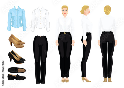 Vector illustration of corporate dress code. Business woman or professor in  formal clothes. Front view, side and back view. White and blue shirt, black pants and shoes isolated on white background.