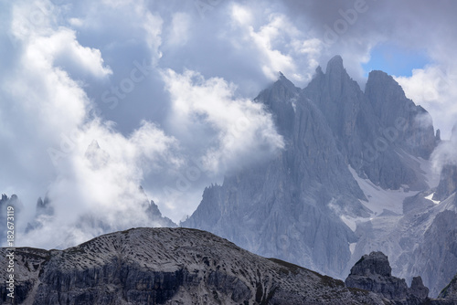 Clouds surrounding Tre Cime di Lavaredo, Dolomites, Italy