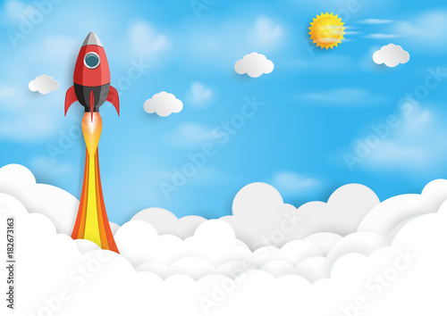 Rocket ship icon into blue sky.Business start up concept design paper art style.Vector illustration.