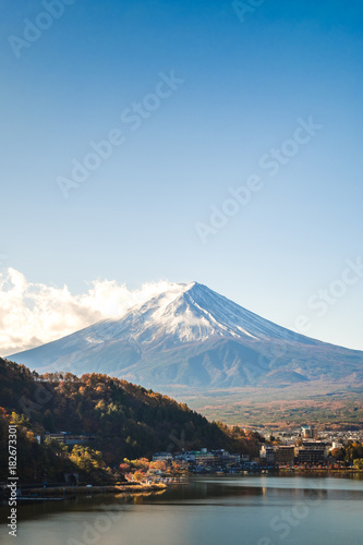 Landscape view of Fuji san mountain in Japan, Kawaguchiko lake with vintage color